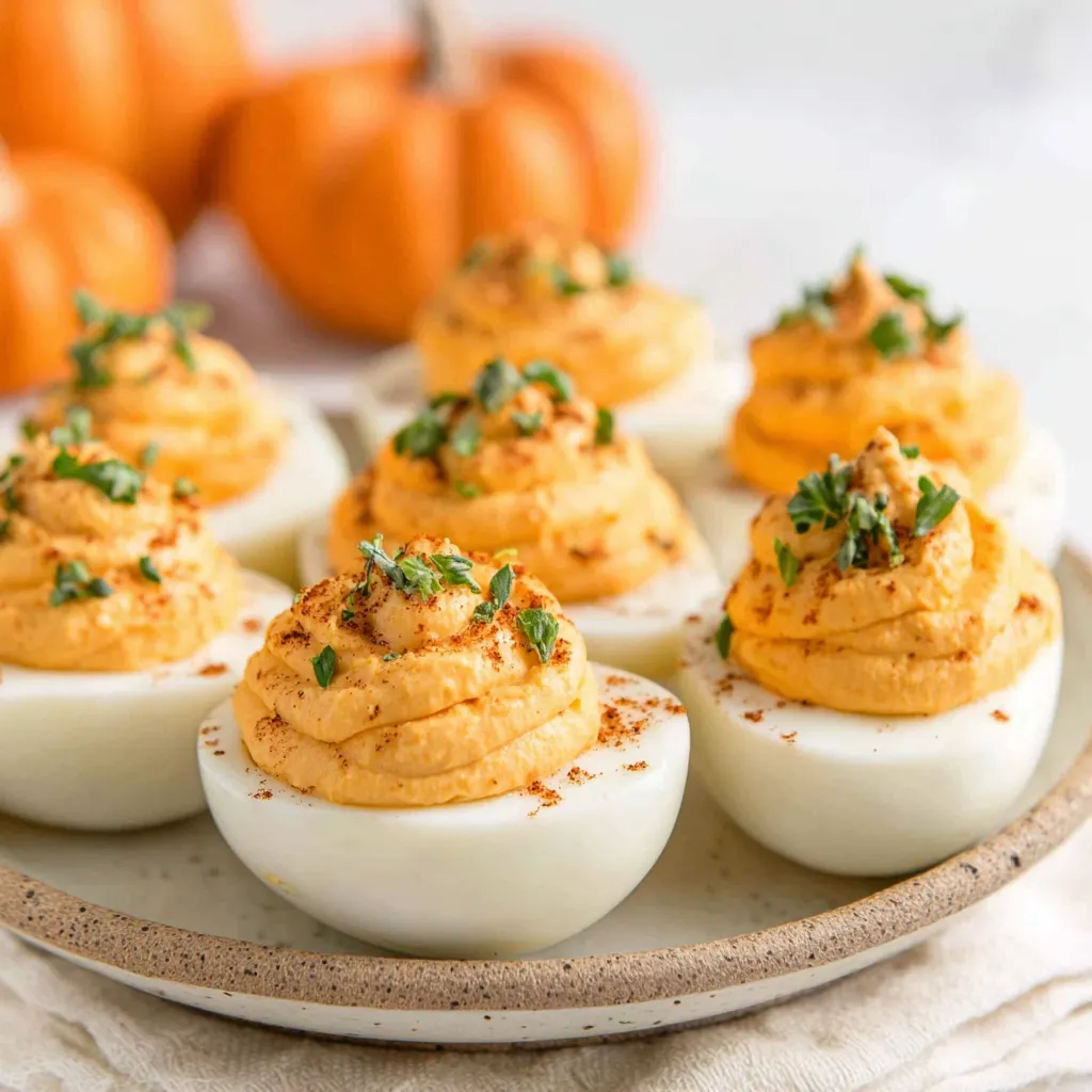 Close-up view of festive Pumpkin Patch Deviled Eggs arranged on a platter, showcasing their creamy filling and decorated tops.