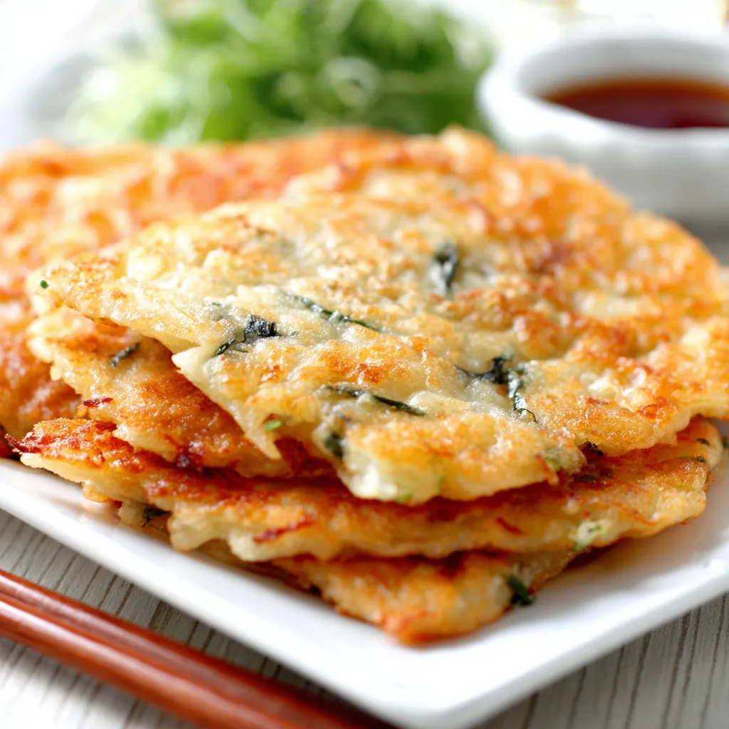 Close-up of golden-brown Gamjajeon Pancakes sizzling in a pan, ready to be enjoyed.