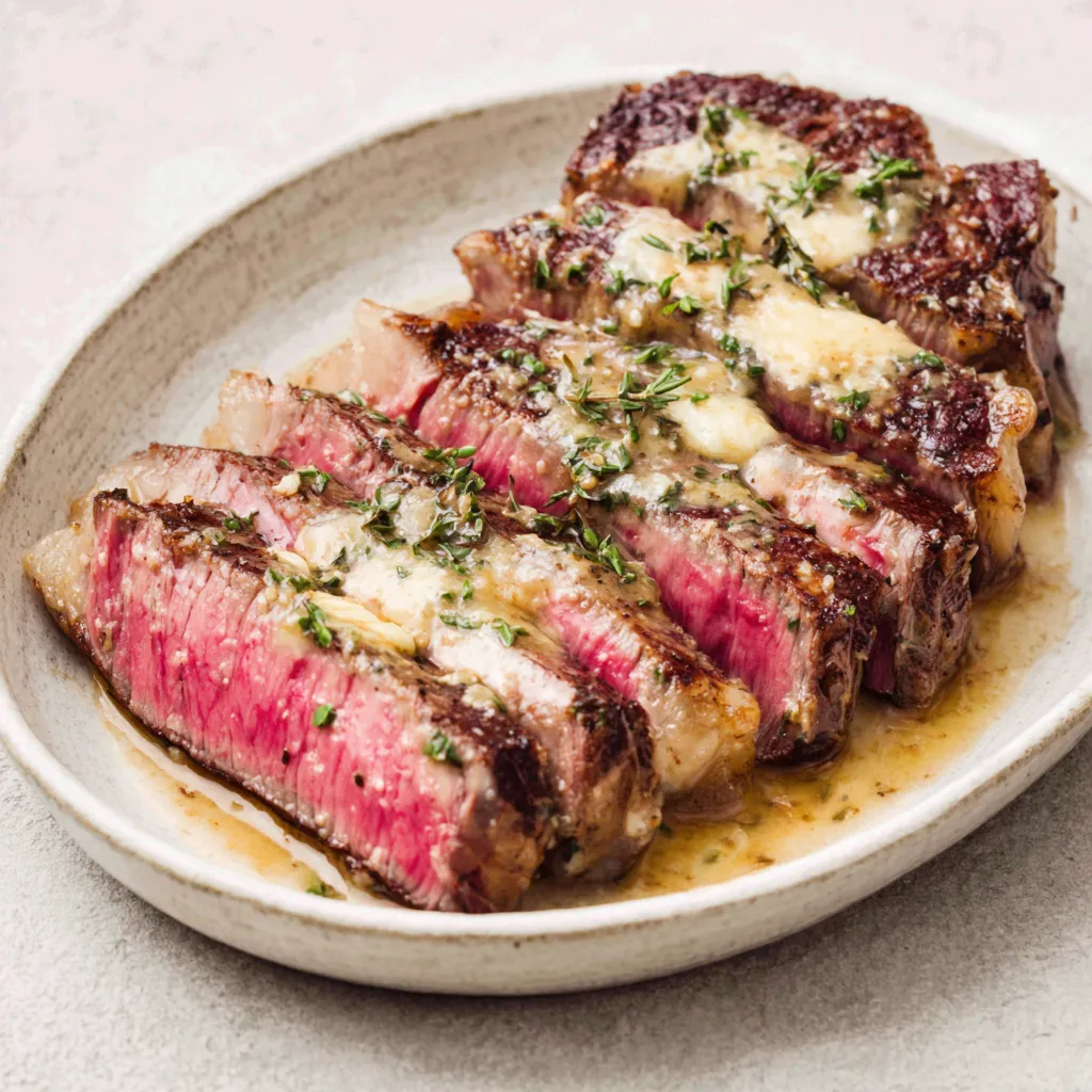 Close-up of a delicious Garlic Butter Steak, perfectly seared and glistening with herbs and melted butter.