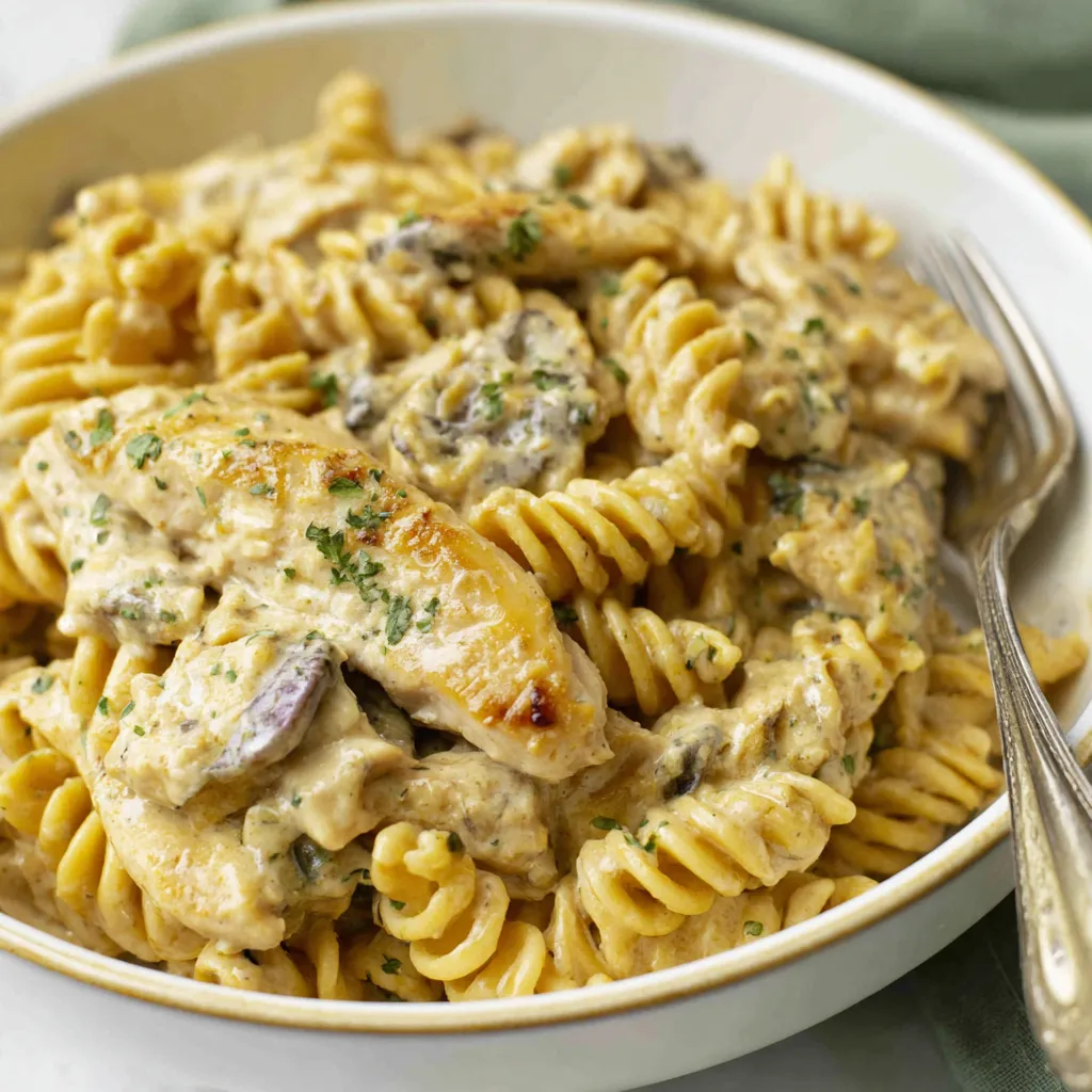Close-up of creamy Garlic Parmesan Chicken Pasta ready to be enjoyed.