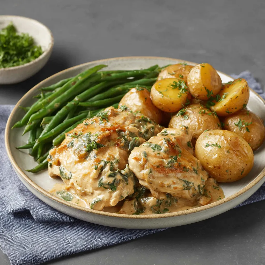 Close-up view of Garlic Parmesan Crockpot Chicken And Potatoes, showcasing the creamy sauce and tender chicken and potatoes.