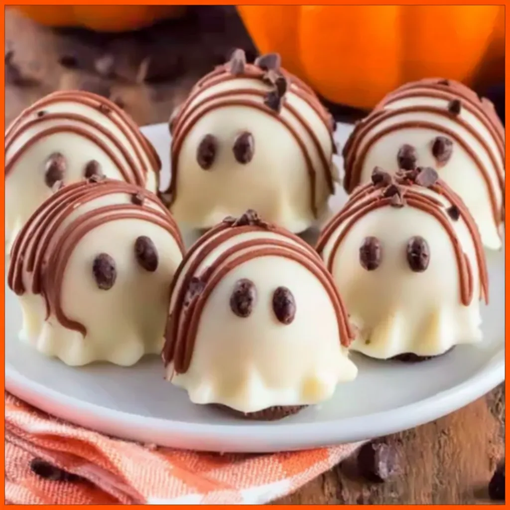 Close-up view of festive Ghost Oreo Truffles, perfect for a Halloween treat.