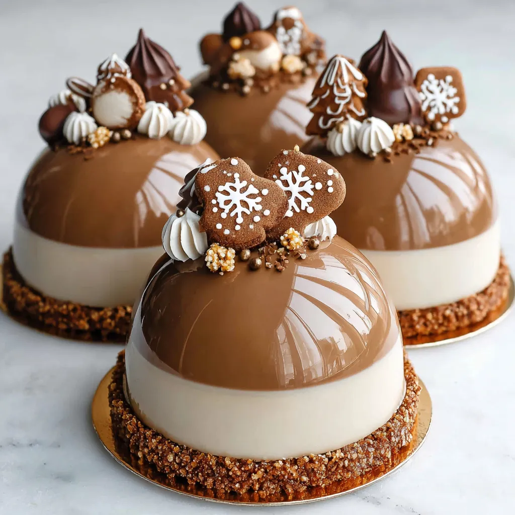 Close-up shot of finished Gingerbread Latte Mousse Domes ready to be served.