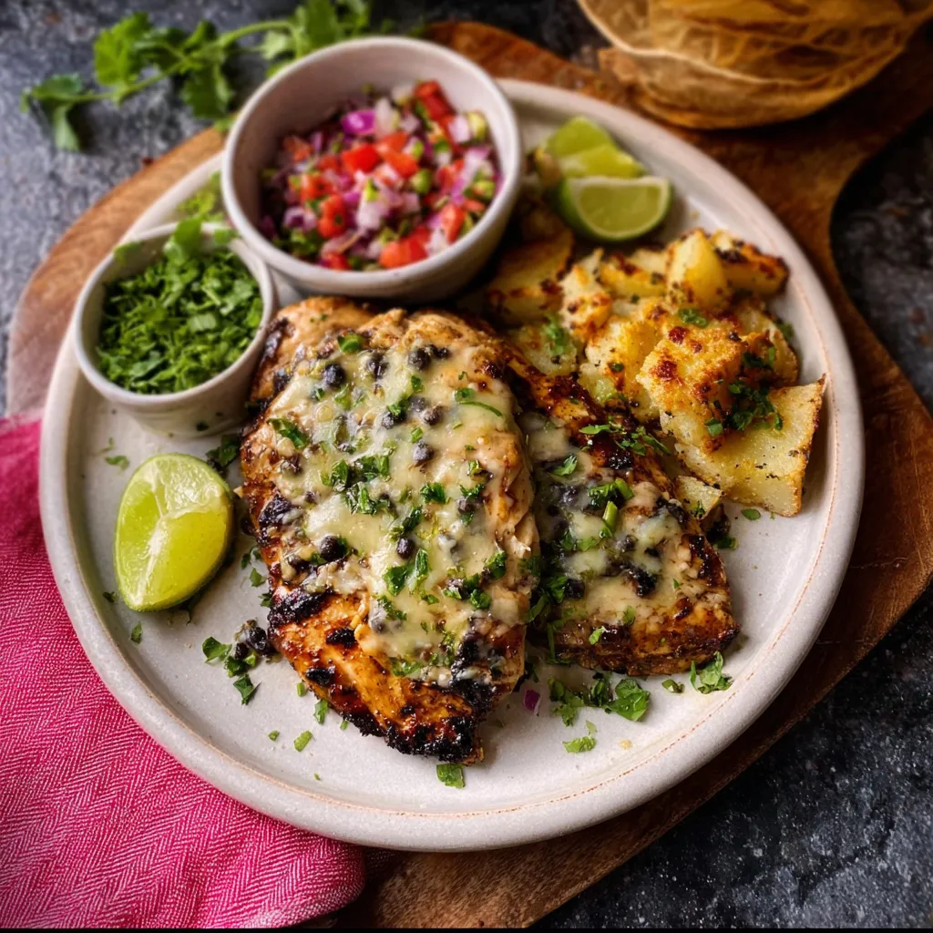 Grilled Salsa Verde Pepper Jack Chicken is shown cooked and ready to eat in this second content image.