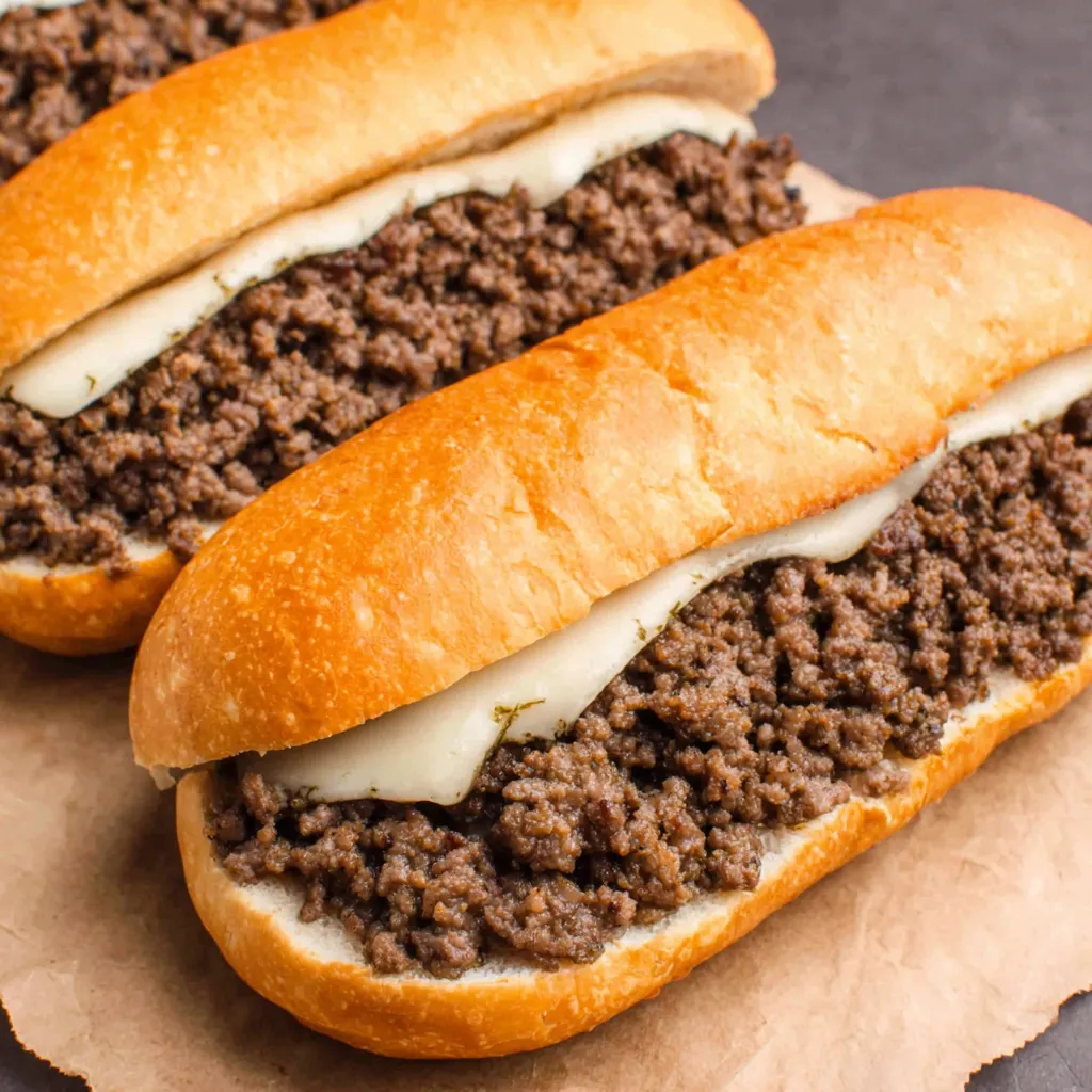 Close-up of delicious Ground Beef Philly Cheesesteaks showcasing the melted cheese and savory meat filling.