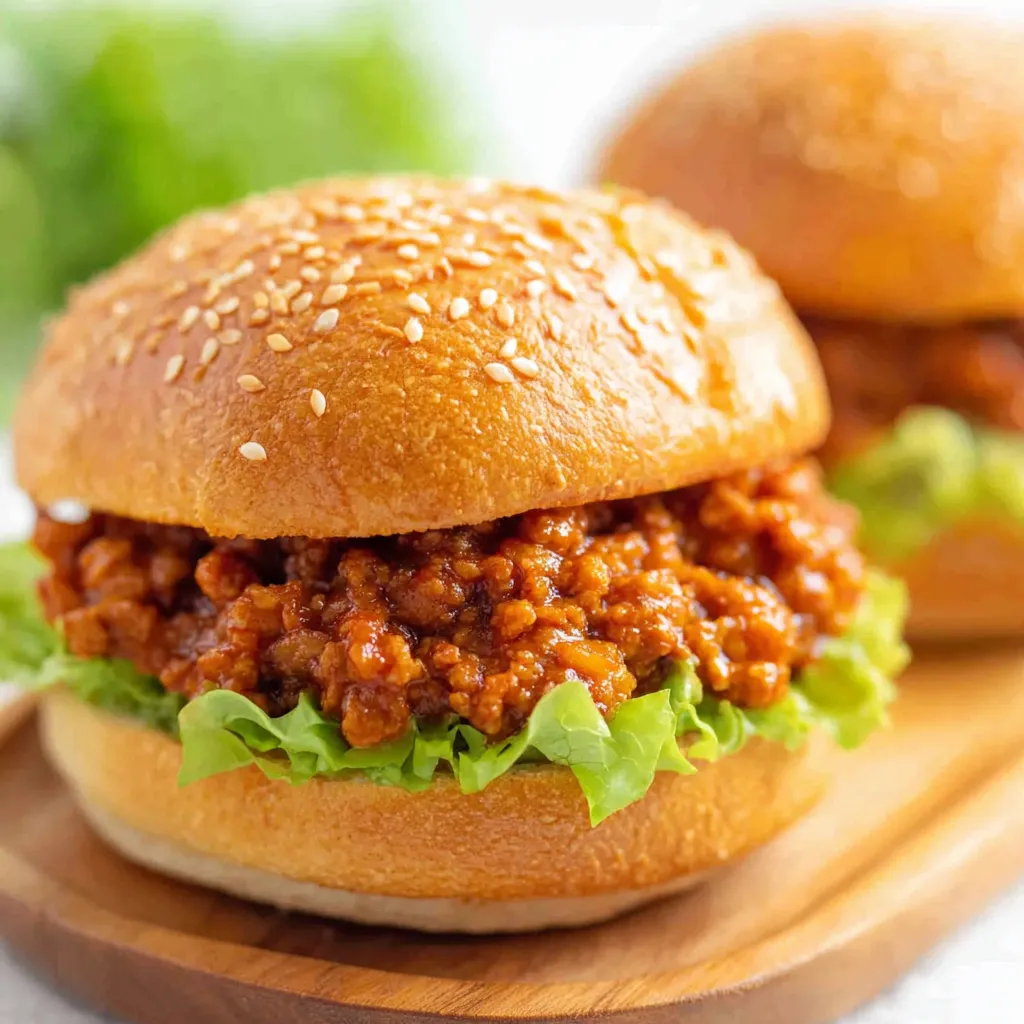 A close-up shows a messy but delicious Ground Chicken Sloppy Joes sandwich oozing with savory sauce on a toasted bun.