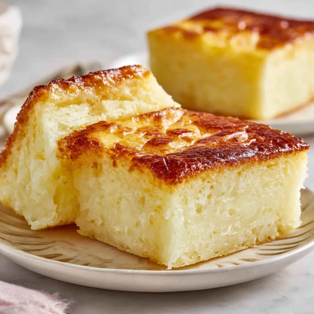 Close-up of chewy and delicious Hawaiian Butter Mochi, showcasing its texture and golden-brown color.