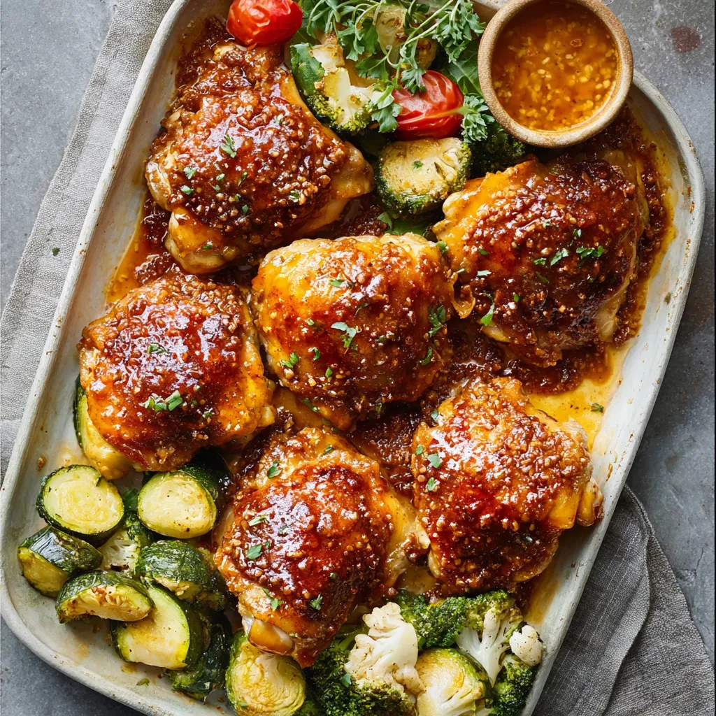 A close-up shows golden brown Baked Honey Mustard Chicken Thighs fresh out of the oven, showcasing the crispy skin and glistening glaze.