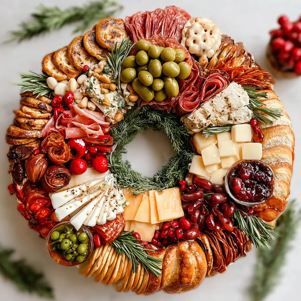 A beautifully arranged Charcuterie Wreath, showcasing various meats, cheeses, and accompaniments, is presented as a festive and delicious appetizer option.