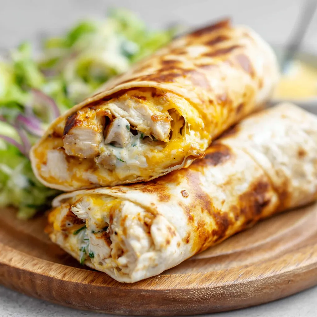 Close-up shot of delicious, freshly made Cheesy Garlic Chicken Wraps, showcasing the melted cheese and juicy chicken filling.