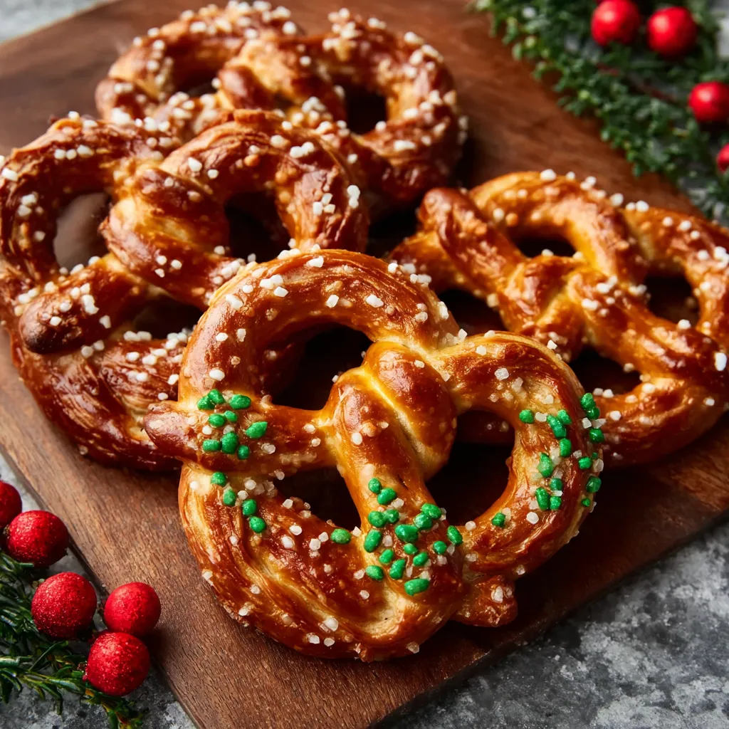 A close-up shot displays finished, decorated Pretzel Wreaths ready to be eaten and enjoyed.