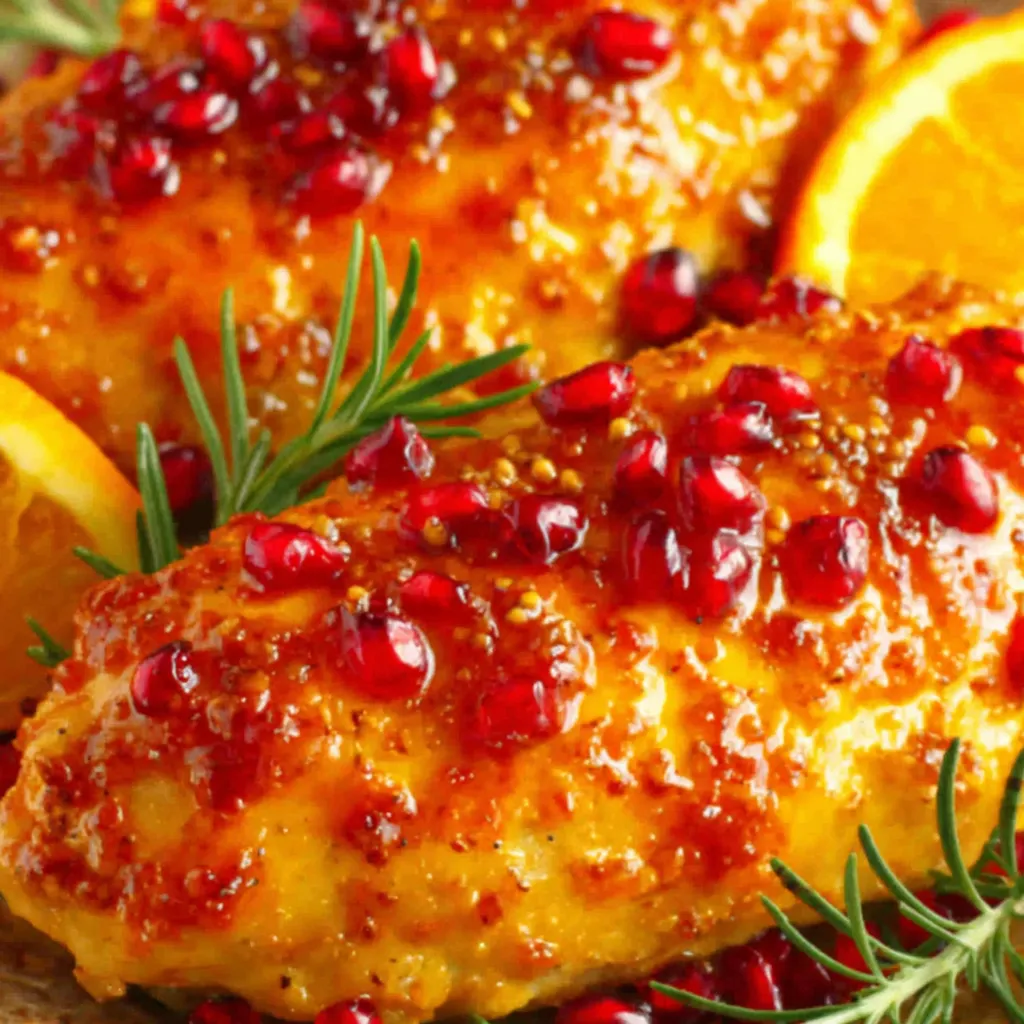 Close-up shot of glistening Cranberry Orange Glazed Chicken, showcasing the vibrant sauce and perfectly cooked poultry.