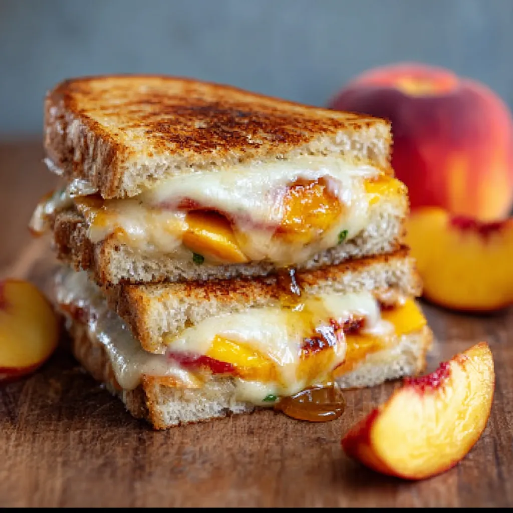 A close-up showcases a perfectly golden-brown Grilled Cheese with Honey Peaches & Cheddar, oozing with melted cheese and glistening with honey.