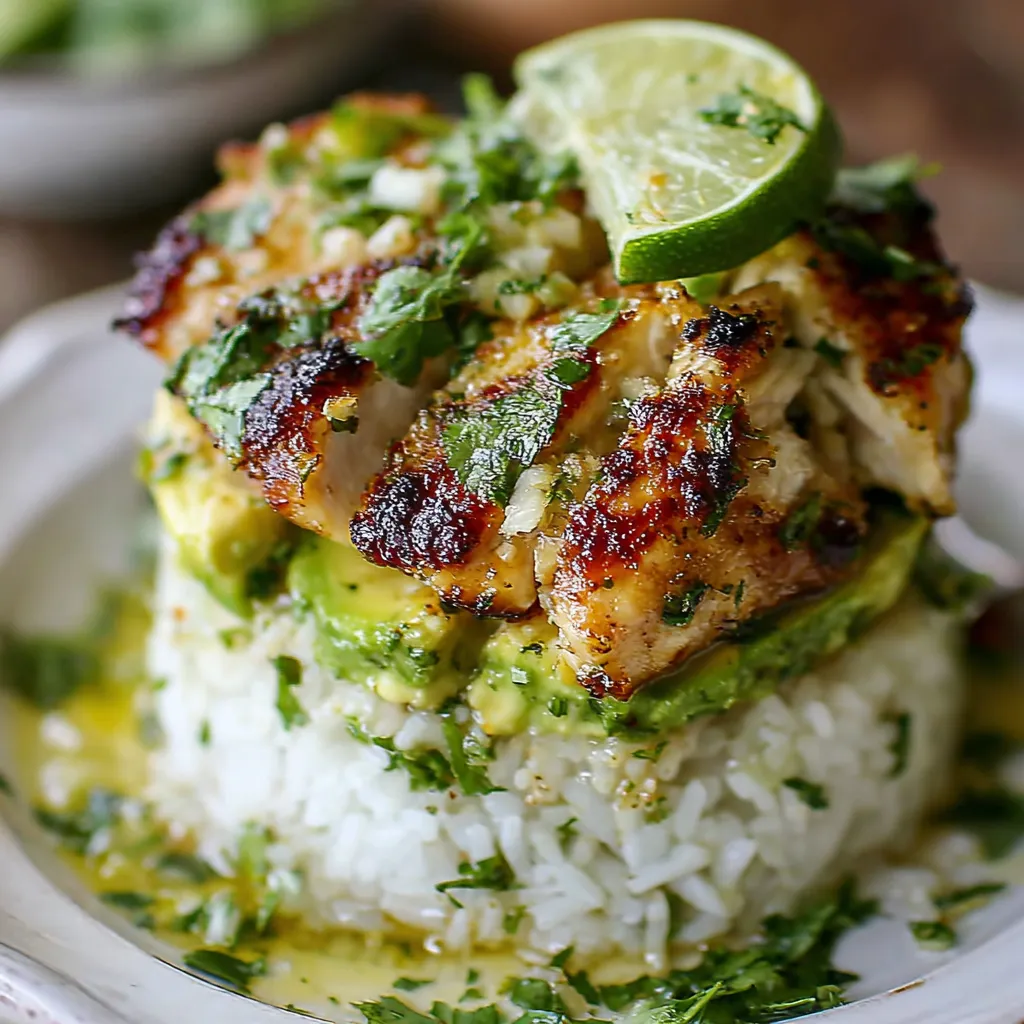 Close-up of a delicious Honey Lime Chicken Avocado Rice Stack, showcasing the layered ingredients and vibrant colors.