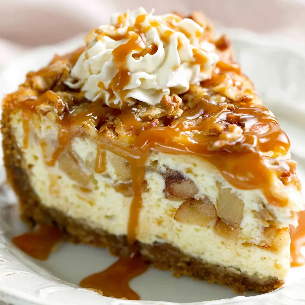 A slice of decadent Salted Caramel Apple Pie Cheesecake showcases its creamy layers and apple filling.