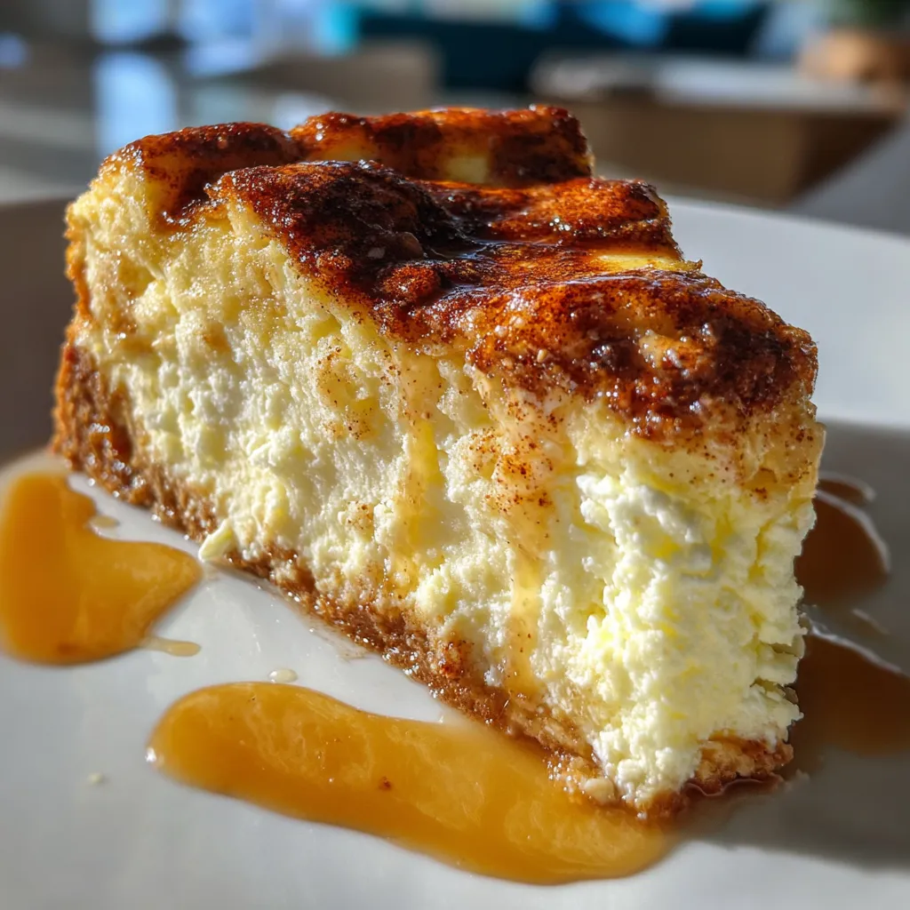 Close-up of a creamy Snickerdoodle Cheesecake with a cinnamon-sugar topping, ready to be sliced and served.