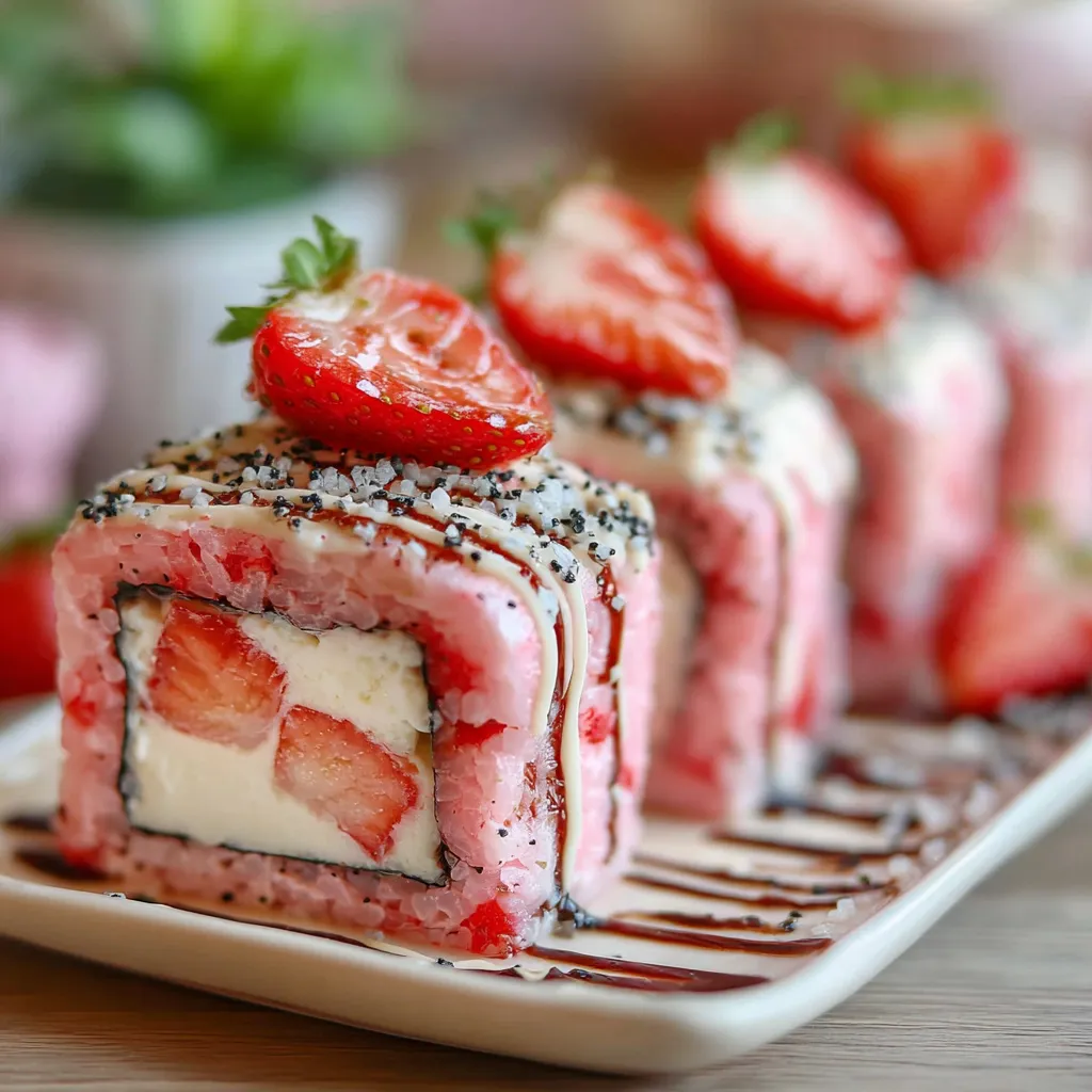 Close-up view of freshly prepared Strawberry Shortcake Sushi Rolls, showcasing their vibrant colors and delightful dessert presentation.