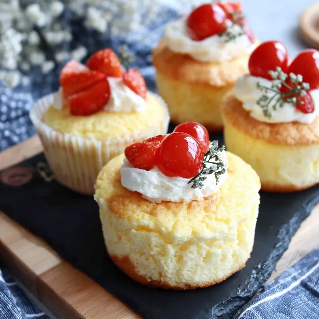Close-up view of light and airy Japanese Cotton Cheesecake Cupcakes, showcasing their delicate texture and golden-brown tops.