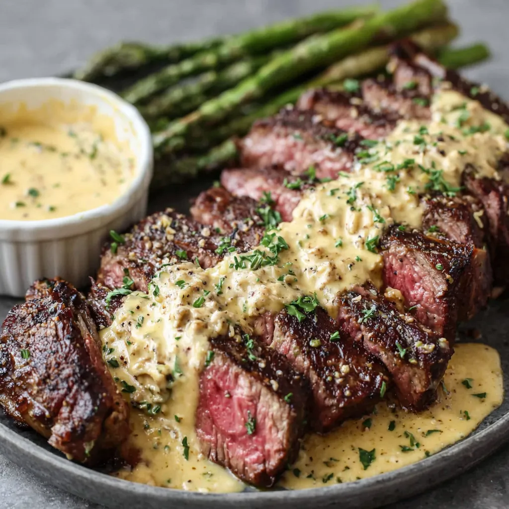 Close-up shot showcasing a perfectly seared Juicy Steak with Creamy Garlic Sauce - Dinner Magic, ready to be enjoyed.