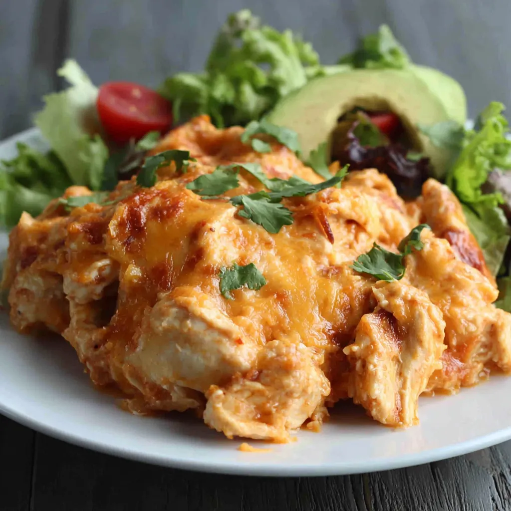 Close-up shot of a delicious Keto Mexican Chicken Casserole, bubbling hot and ready to serve.