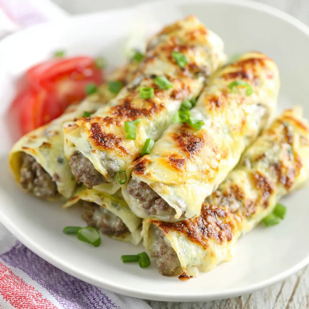 Close-up of delicious Keto Philly Cheesesteak Roll Ups, showcasing the melted cheese and savory filling.