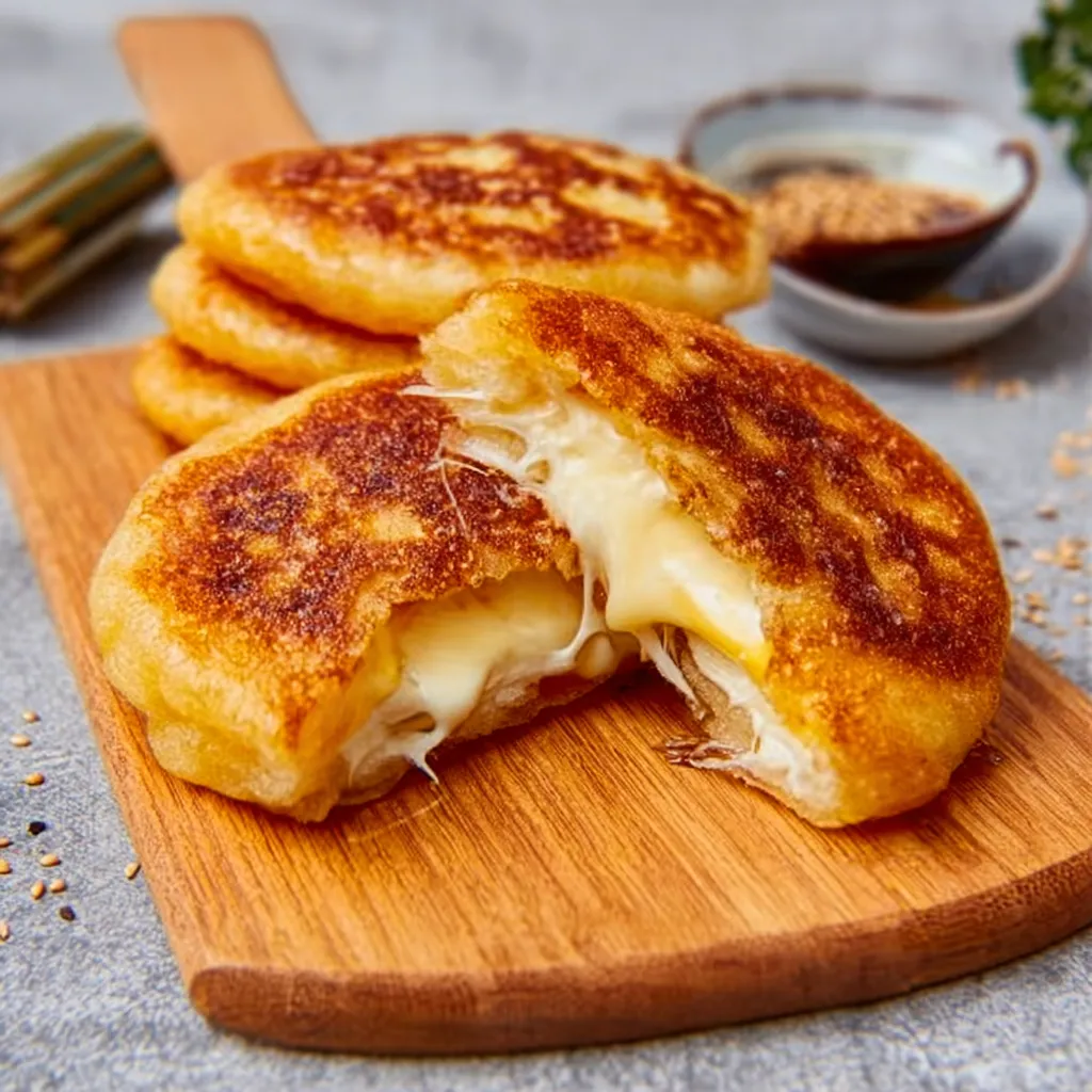 A close-up shot showcases the cheesy interior of a golden-brown Korean Cheese Hotteok.