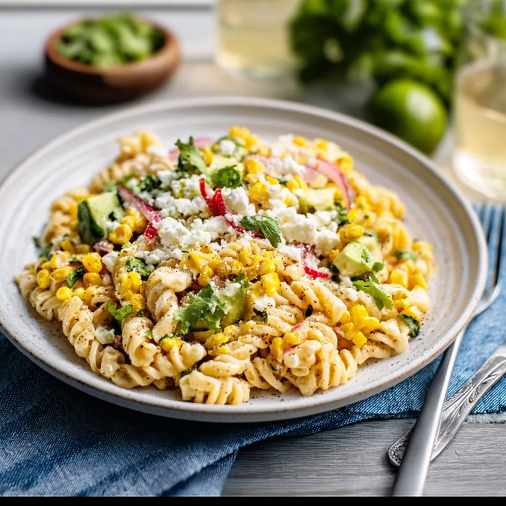 Close-up of creamy Mexican Street Corn Pasta Salad, showcasing the vibrant colors and textures of the dish.