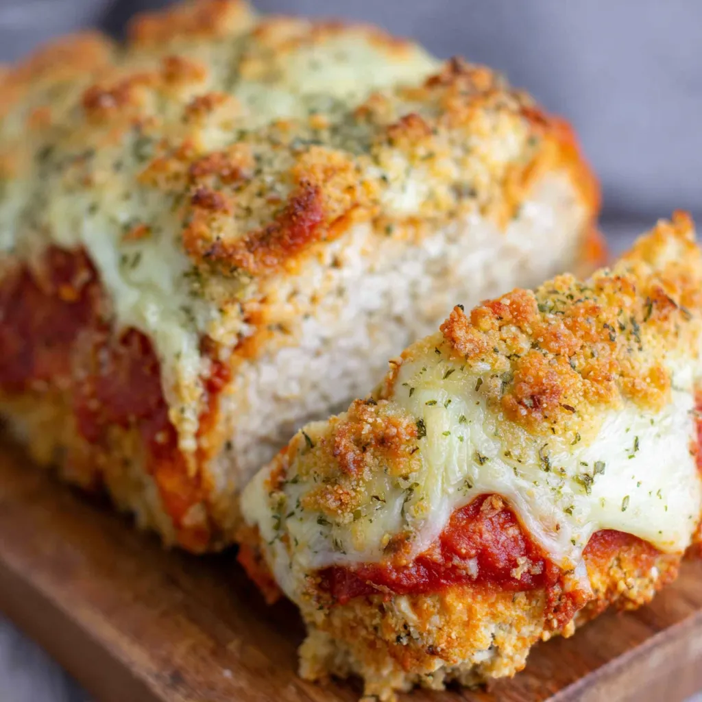 Close-up of a sliced Parmesan Chicken Meatloaf revealing its moist interior.