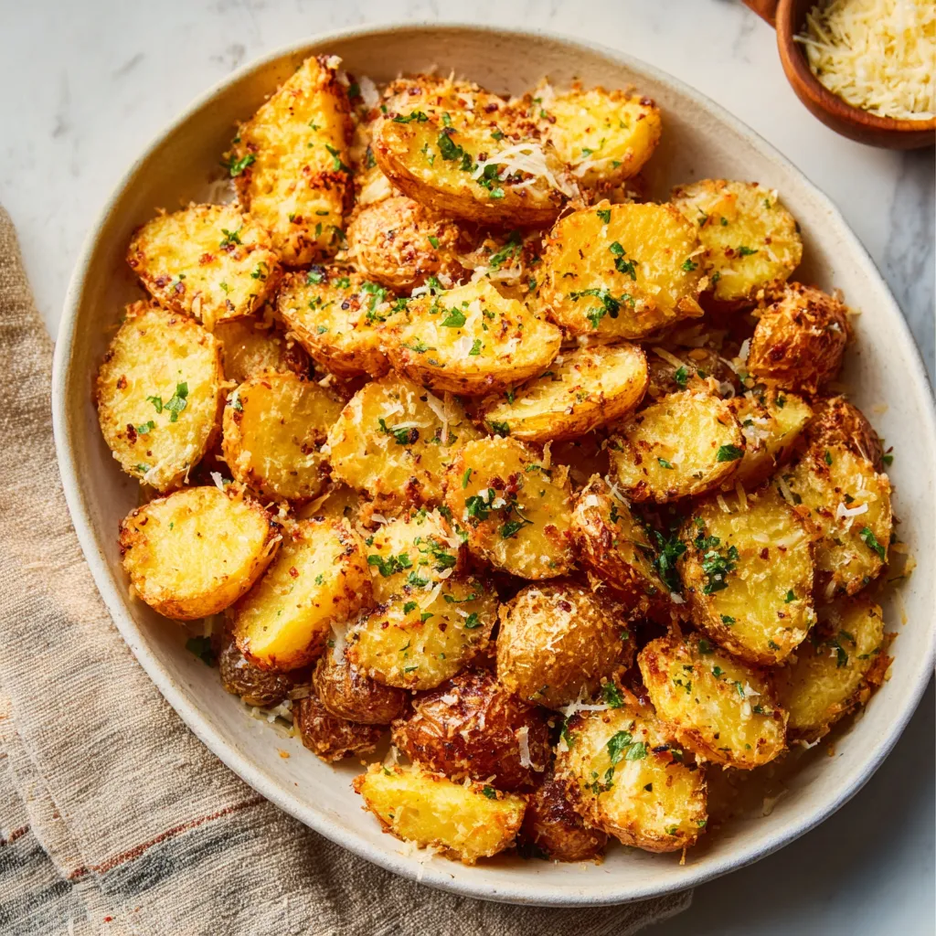 Close-up shot of golden-brown Parmesan Roasted Potatoes, showcasing their crispy texture and cheesy topping.