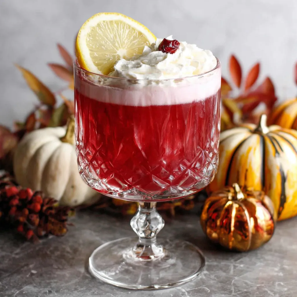 A close-up shot showcasing a beautifully garnished Autumn Gin Sour cocktail, complementing the drink recipe article.