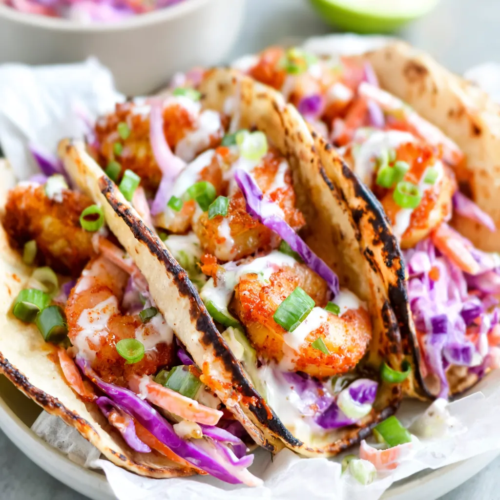 Close-up of a delicious Bang Bang Shrimp Taco, showcasing its creamy sauce and fresh ingredients.
