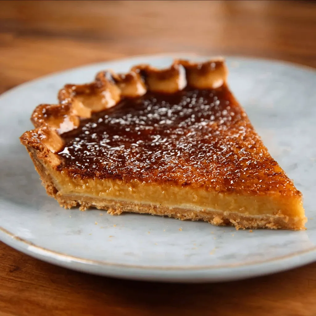 A delicious slice of Burnt Honey Pie sits ready to be enjoyed, showcasing its rich, golden color.