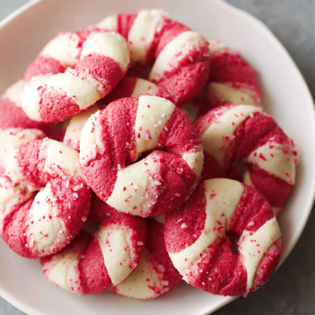 Close-up shot showcases freshly baked Candy Cane Cookies, arranged on a festive holiday platter.