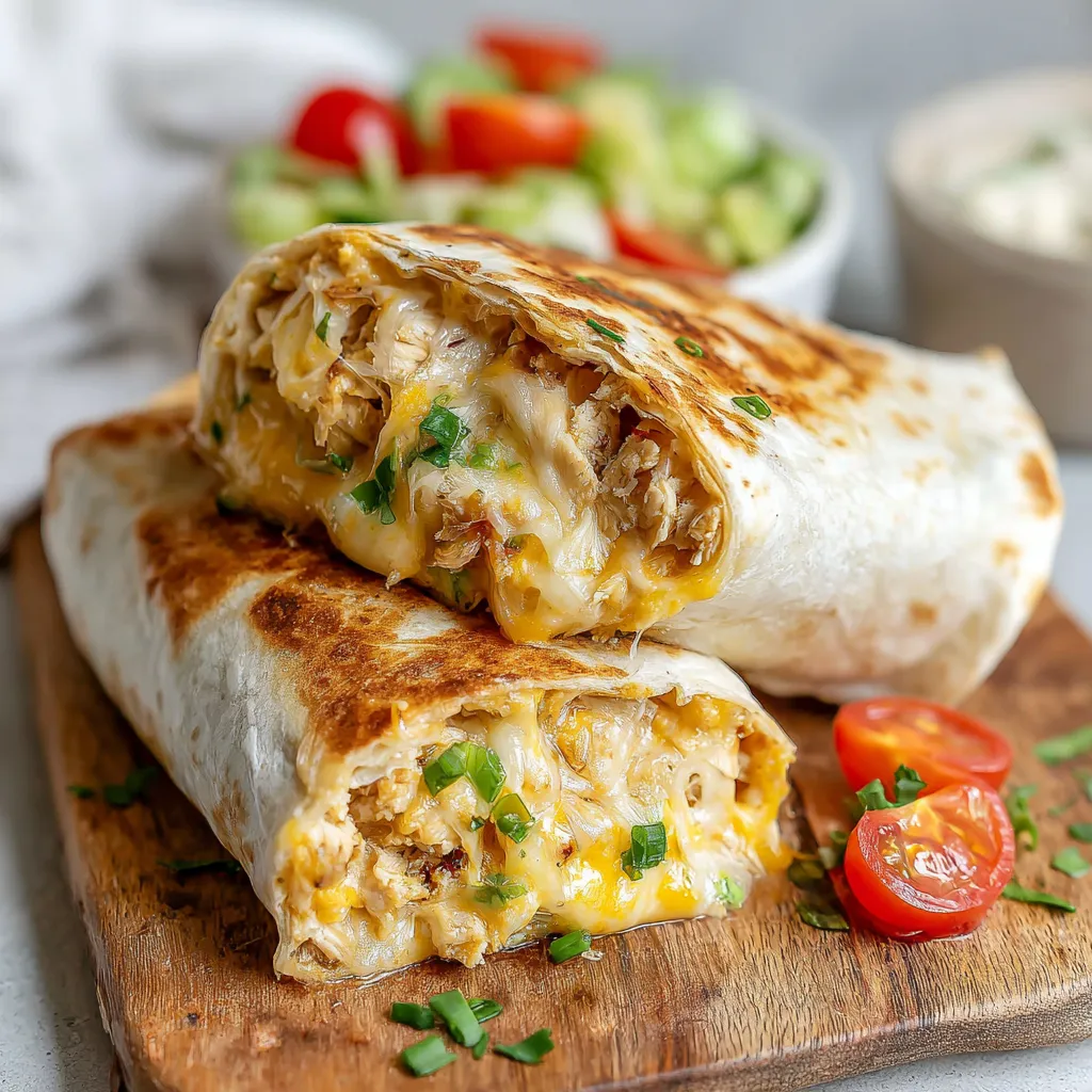 Close-up image of delicious Cheesy Garlic Chicken Wraps ready to be eaten.