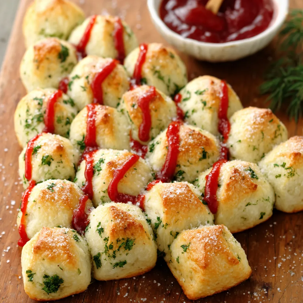 Close-up view of a golden-brown Cheesy Pull Apart Christmas Bread, showcasing its gooey, cheesy interior and festive presentation.