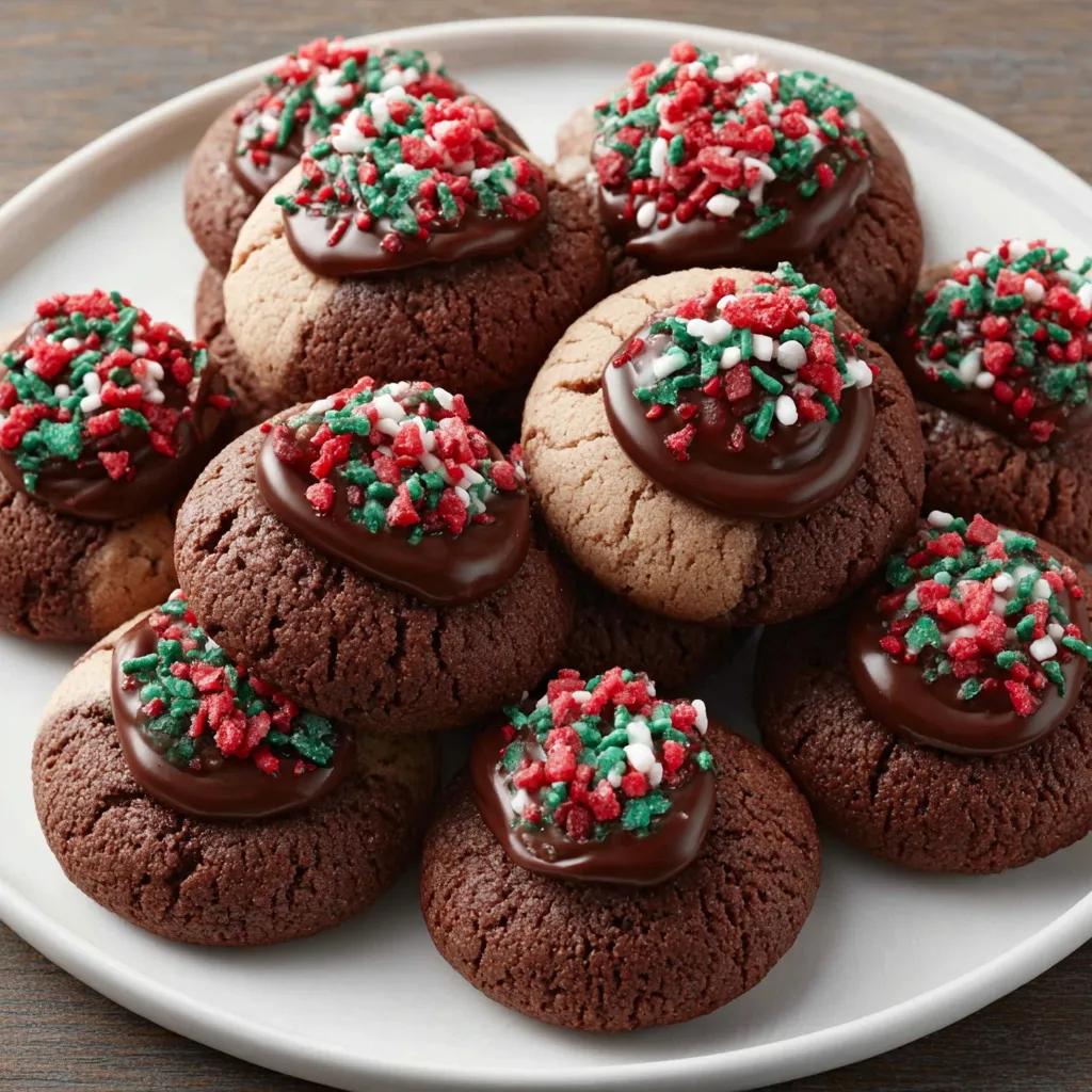 Close-up of freshly baked Chocolate Thumbprint Cookies, showcasing their rich chocolate dough and jam-filled centers.