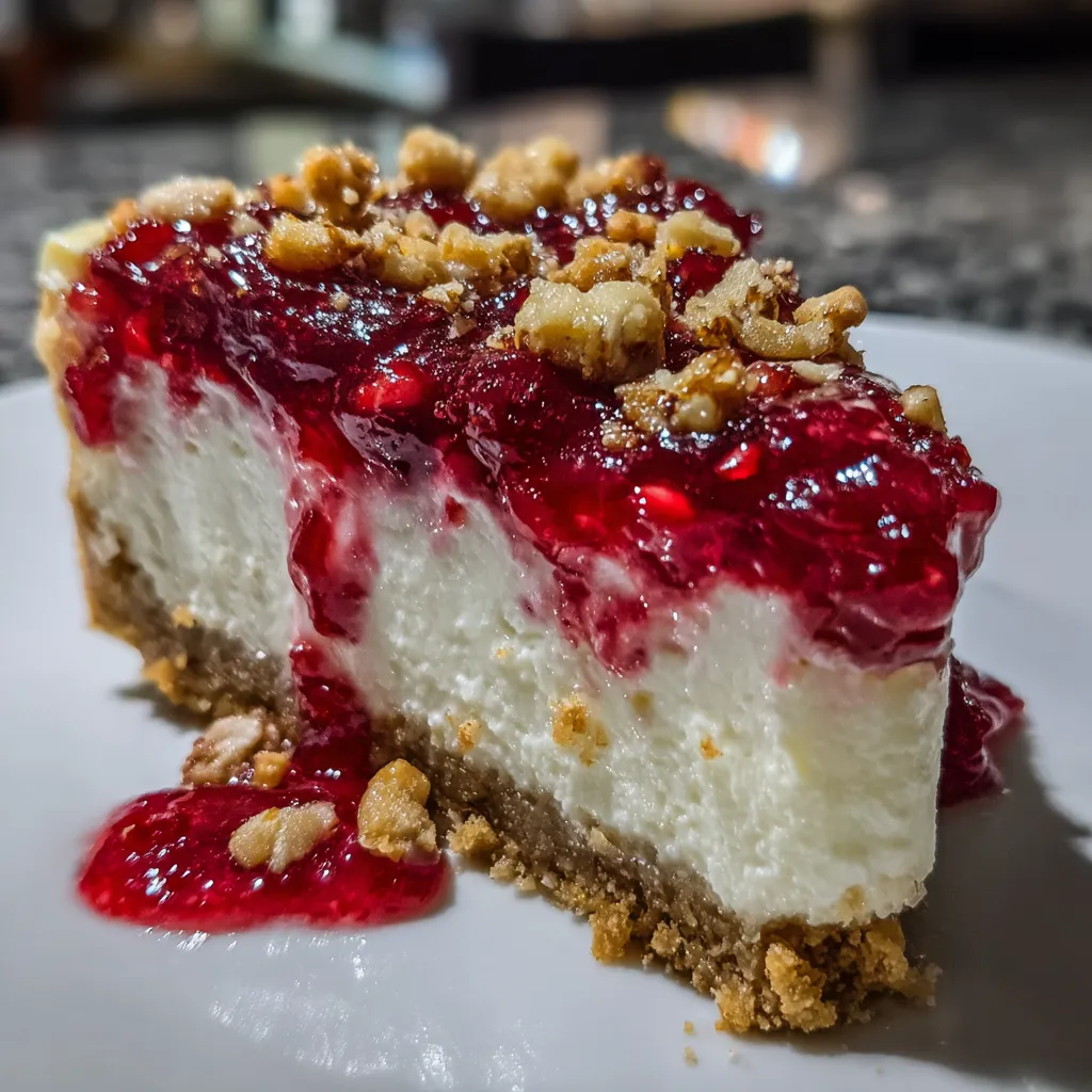 Close-up shot of a slice of creamy Christmas Cheesecake Cranberry Jam dessert, showcasing the vibrant layers of cheesecake and cranberry jam.