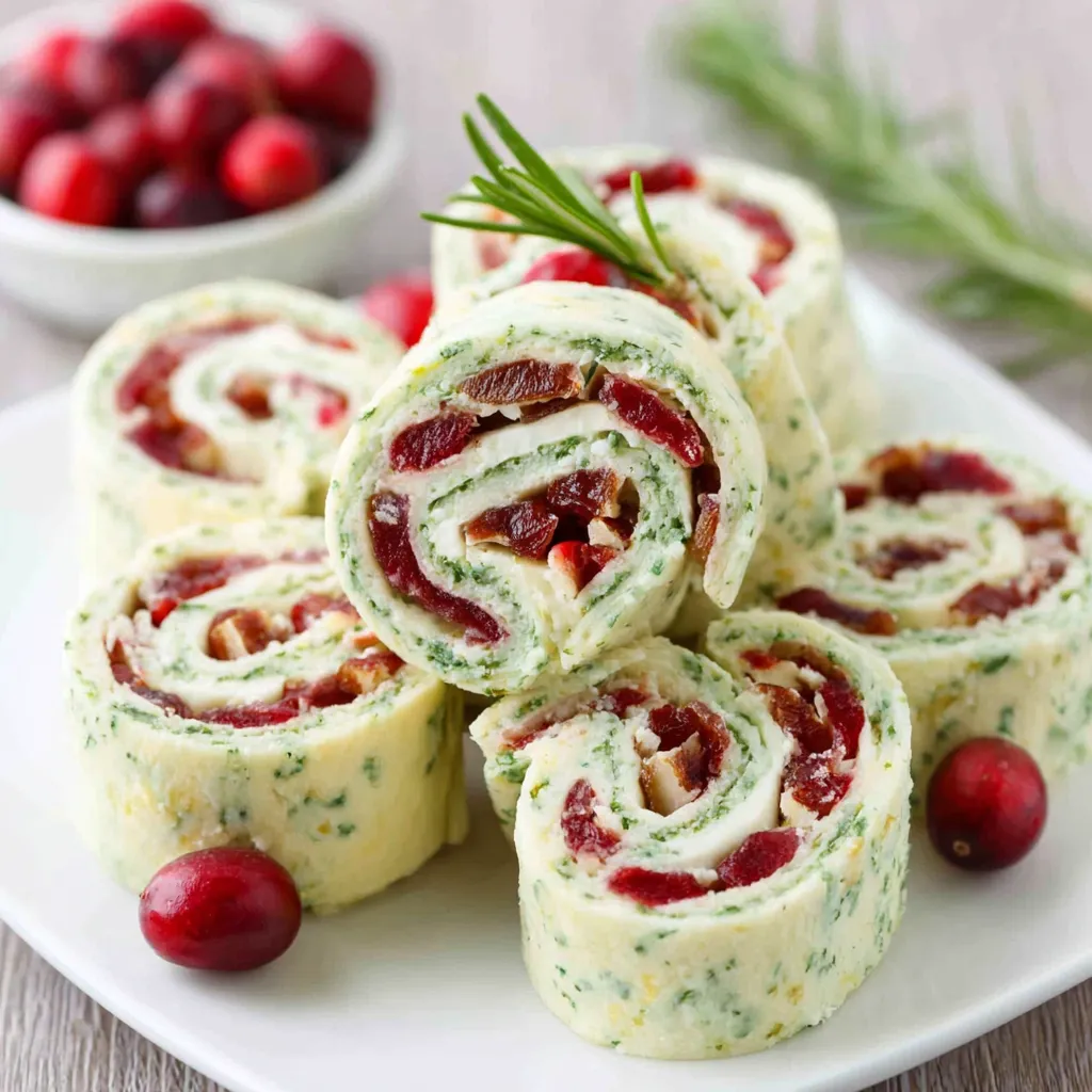 Close-up of delicious, flaky Christmas Cranberry Roll Ups, perfect for a holiday appetizer.