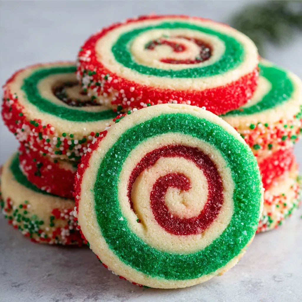 Close-up view of colorful, swirled Christmas Pinwheel Cookies ready to be enjoyed during the holiday season.