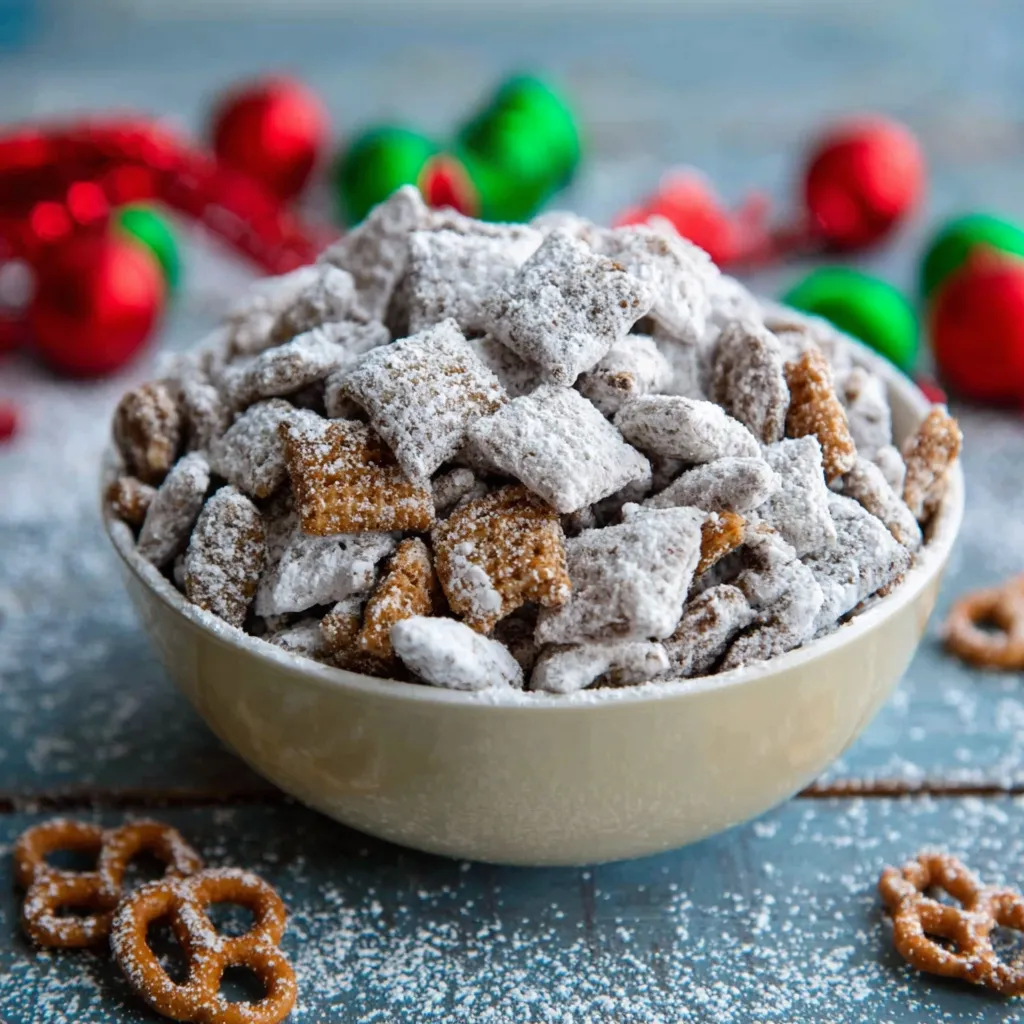 Festive Christmas Puppy Chow is shown in a close-up, perfect for sharing.