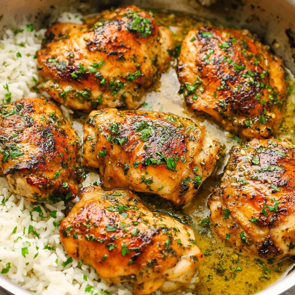 Close-up shot of delicious Garlic Butter Chicken, showcasing its golden-brown skin and rich, buttery sauce.