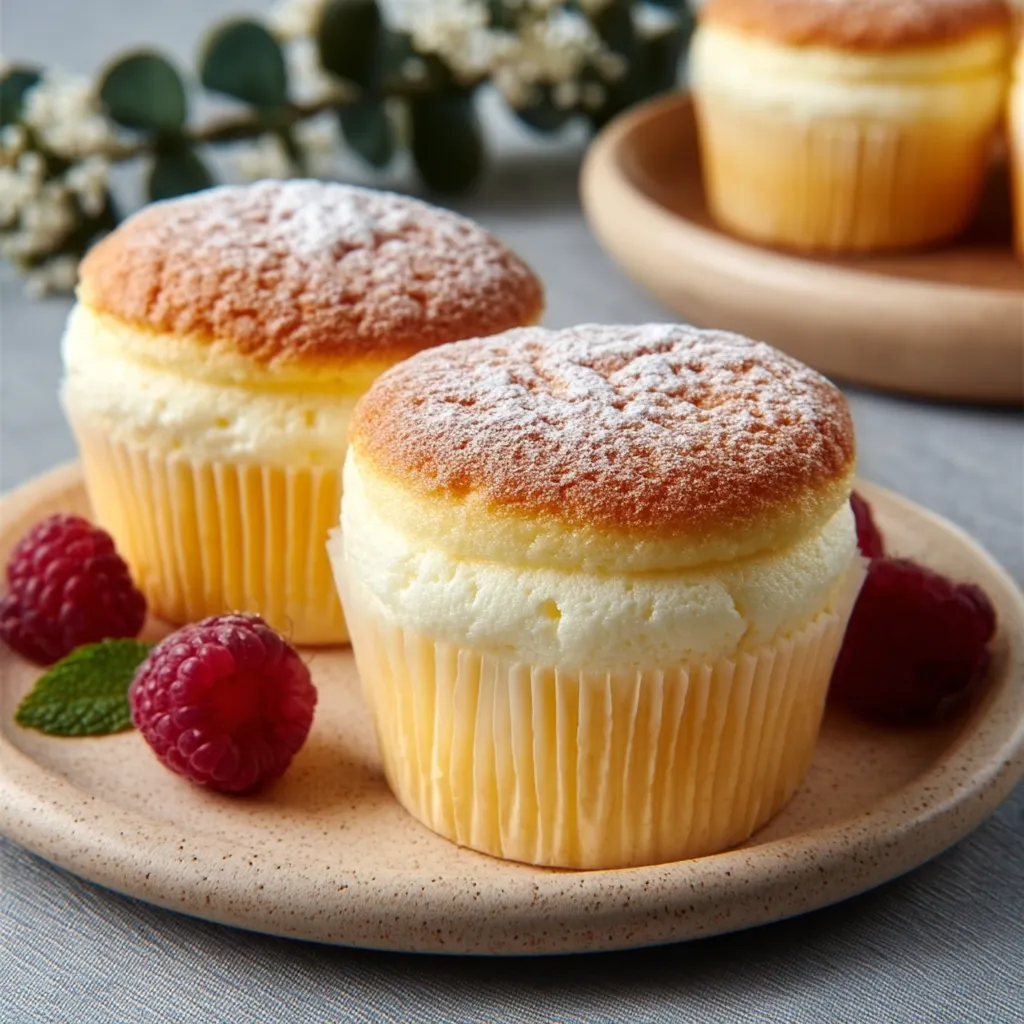 Close-up of fluffy, golden-brown Japanese Cotton Cheesecake Cupcakes, showcasing their delicate texture.