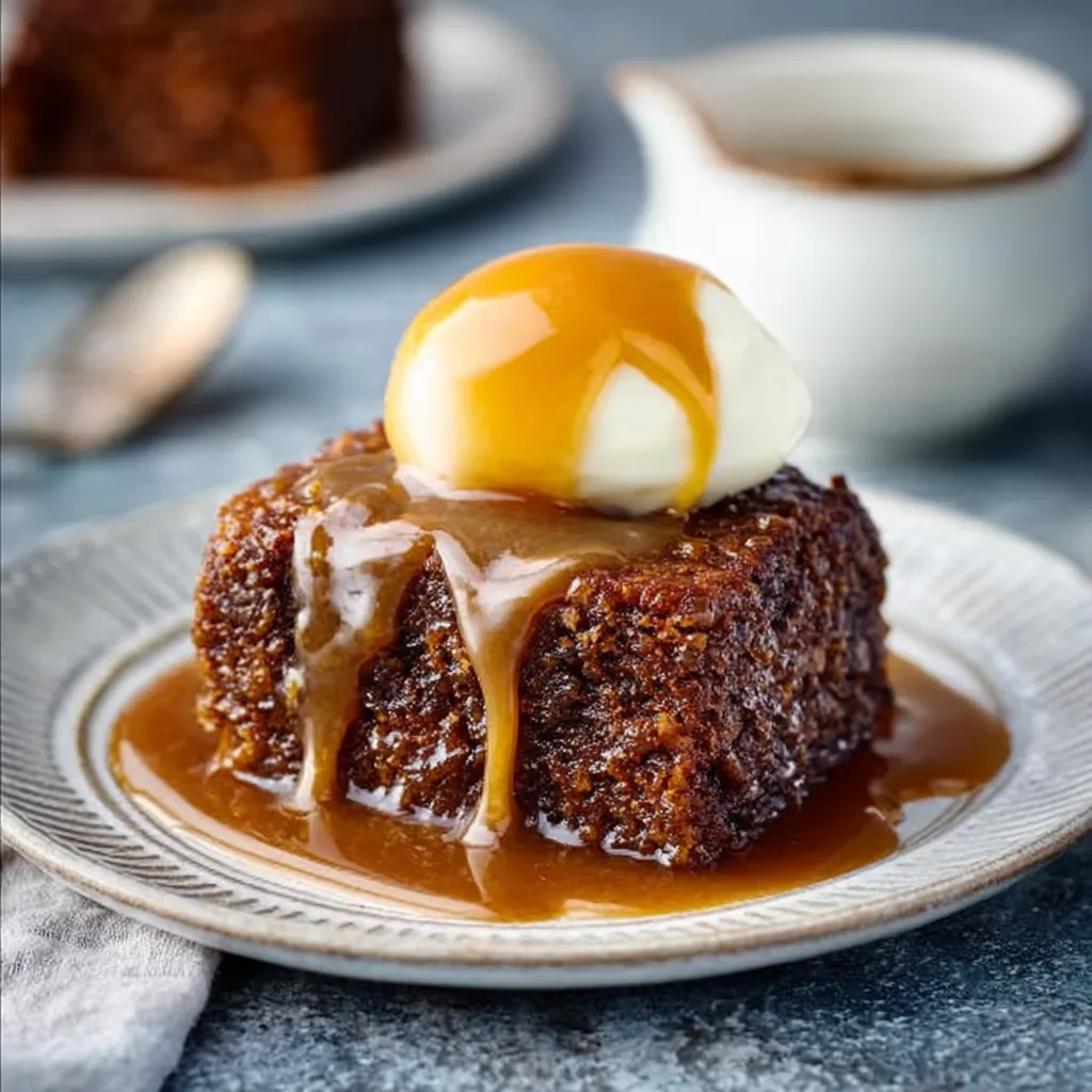 A close-up shot showcases the rich, moist texture of a homemade Sticky Toffee Pudding, highlighting its decadent sauce.