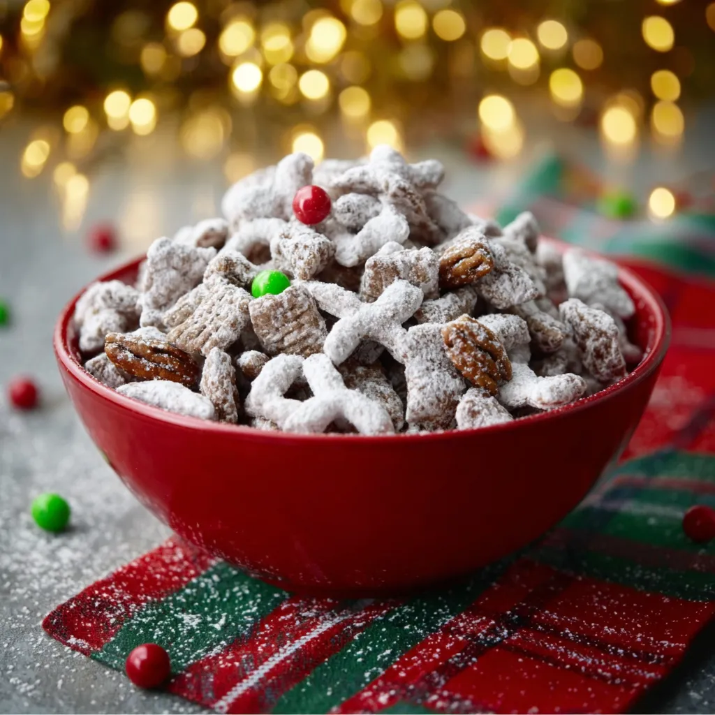 Close-up of festive White Chocolate Reindeer Chow snack mix, showcasing the powdered sugar coating and colorful candies.