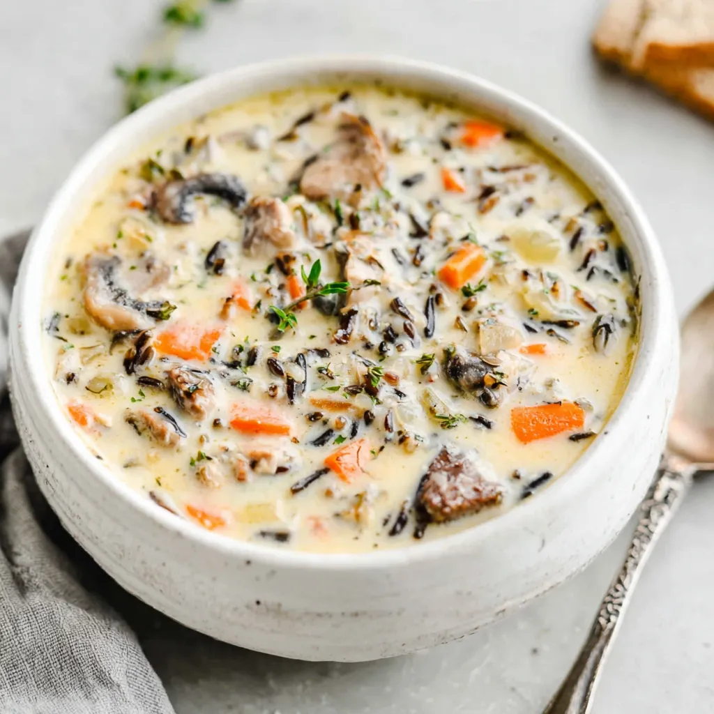 Close-up of creamy Wild Rice Soup in a white bowl, showcasing its rich texture and hearty ingredients.