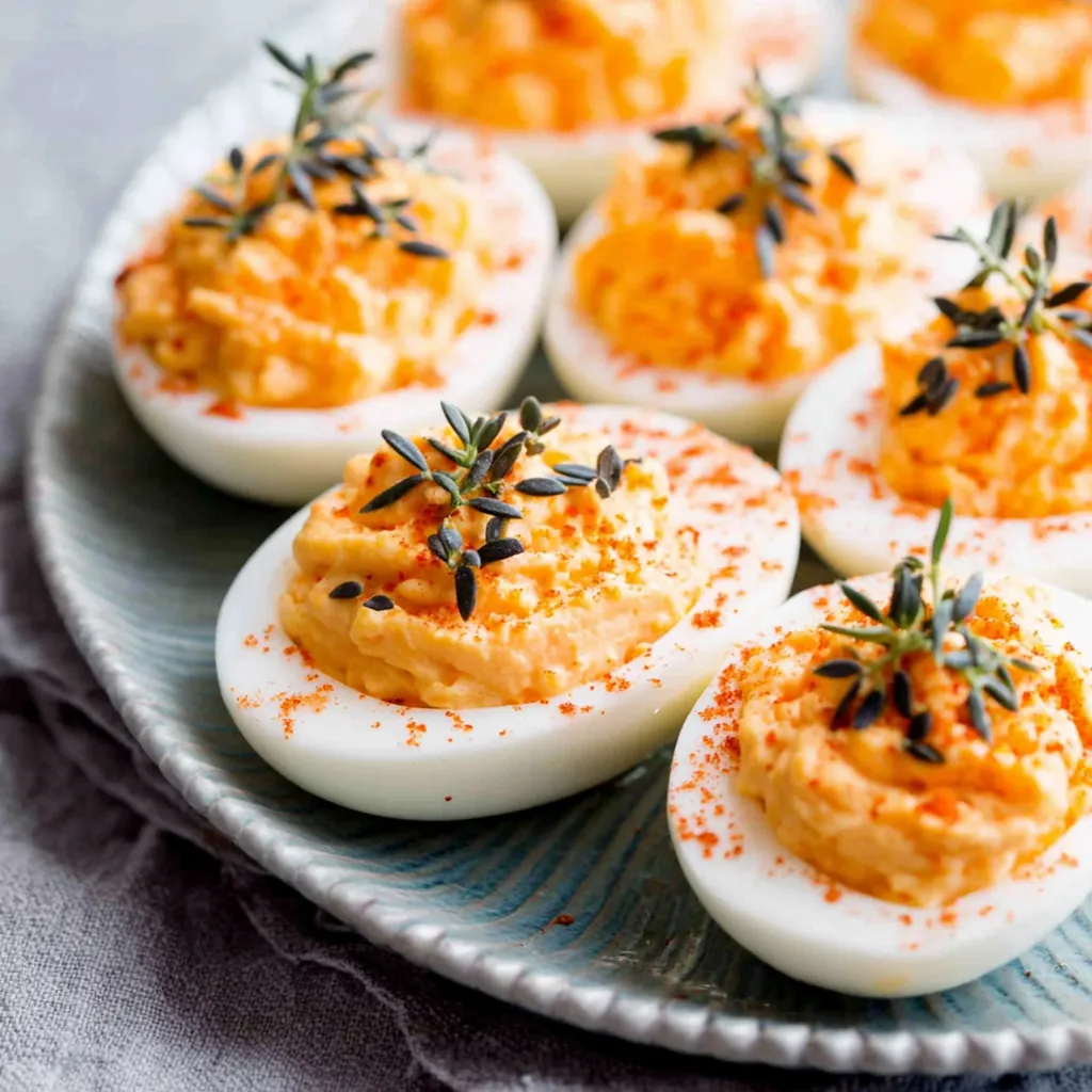 Close-up view of festive Pumpkin Patch Deviled Eggs arranged on a platter, showcasing their creative design.