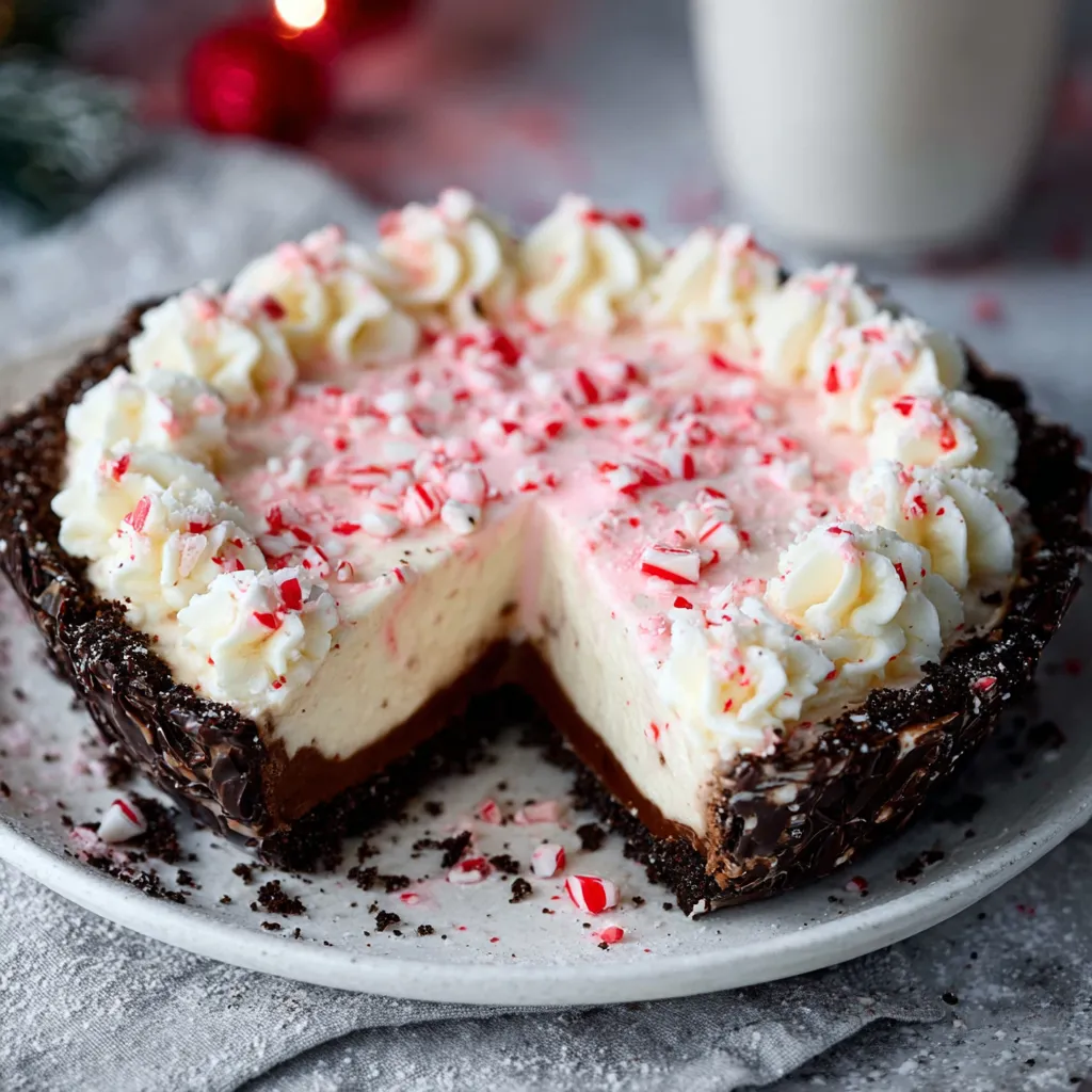 A slice of homemade Christmas Peppermint Pie is shown, revealing its creamy layers and festive peppermint topping.