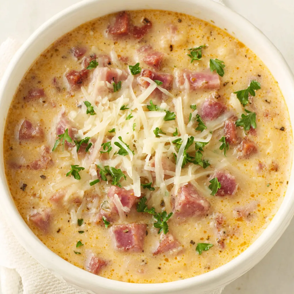 A close-up shot showcases a steaming bowl of Reuben Soup, highlighting its rich broth and visible ingredients.