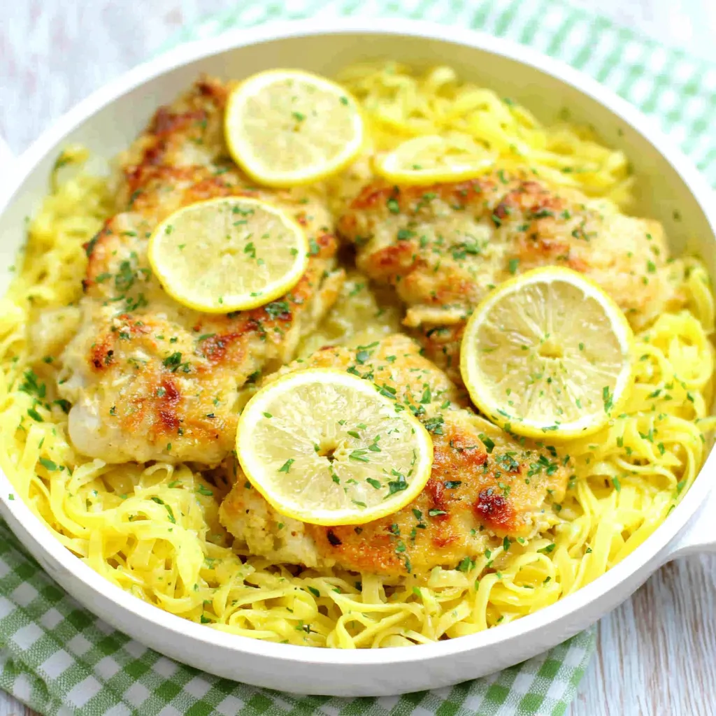 Close-up shot of Romano Chicken With Lemon Garlic Pasta, showcasing the creamy sauce and crispy chicken.