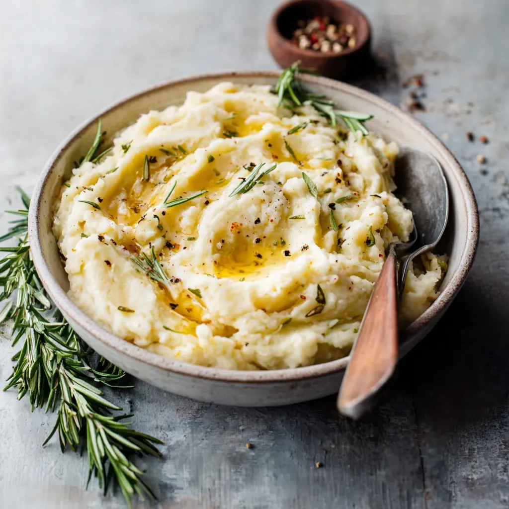 Creamy Rosemary Garlic Mashed Potatoes served in a white bowl, showcasing the delicious texture and fresh herbs.